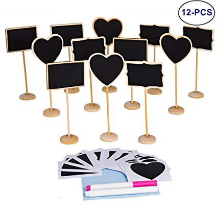 LJDJ 12 pcs Reusable Mini Chalkboard Signs with Support Easel + 2 Chalkboard Markers + Cleaning Cloth for Message Board Signs Wedding Party Table Numbers Place Card Decorative