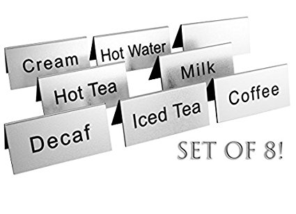 Coffee & Tea Carafe Signs (Set of 8); Tabletop Tent-Style Food Service Signs w/ Coffee, Decaf, Tea, Milk, Cream, Hot Water, Etc., 3.75 x 2-Inch