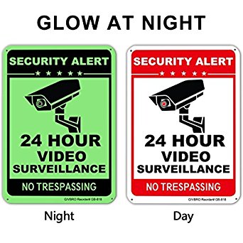 Video Surveillance Sign - [UPGRADED 2018] 24 Hour CCTV Security Signs, Aluminum No Trespassing Signs for Home Security Glow-in-the-dark(40Mil,10