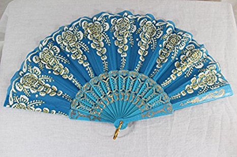 Blue Vintage Spanish Style Dance Party Wedding Lace Folding Hand Held Flower Fan