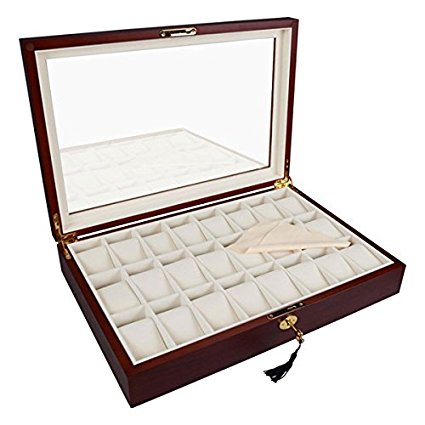 Rosewood Matte Stain Glass Top Wooden 24 Watch Display Case