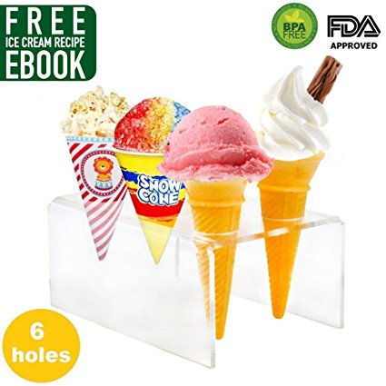 Acrylic 6 Holes Mini Ice Cream Cone Holder Stand Rack to Display Ice Cream Cone Popcorn Candy Mini Oreo Sugar Snow Cone French Fries Sweets Savory - Ice Cream Recipe eBook Included