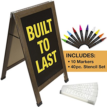 Sandwich Board Sidewalk Chalkboard Sign: REINFORCED, HEAVY-DUTY / 10 CHALK MARKERS / 40 PIECE STENCIL SET / CHALK / ERASER / DOUBLE SIDED / LARGE 40x23 Chalk Board Standing Sign A-Frame (Rustic)