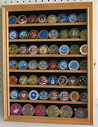 Oak 56 Bullion/Military Challenge Coin Display Case Cabinet Wall Rack With Door Coin